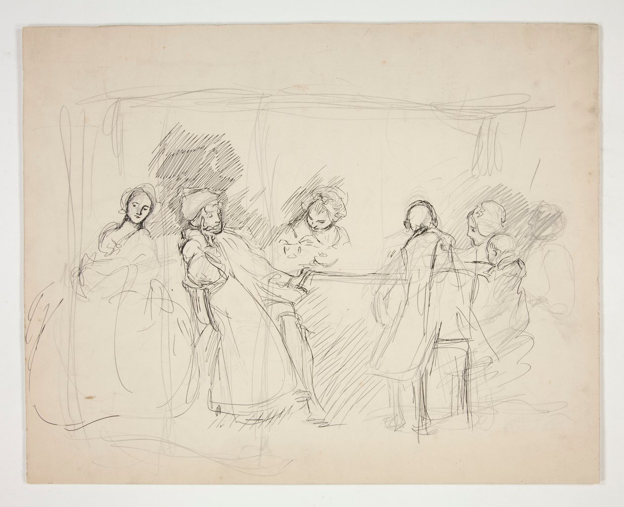 Náčrt figurek kolem stolu - neidentifikovaná ilustrace pro hru (?) od Edwin Austin Abbey