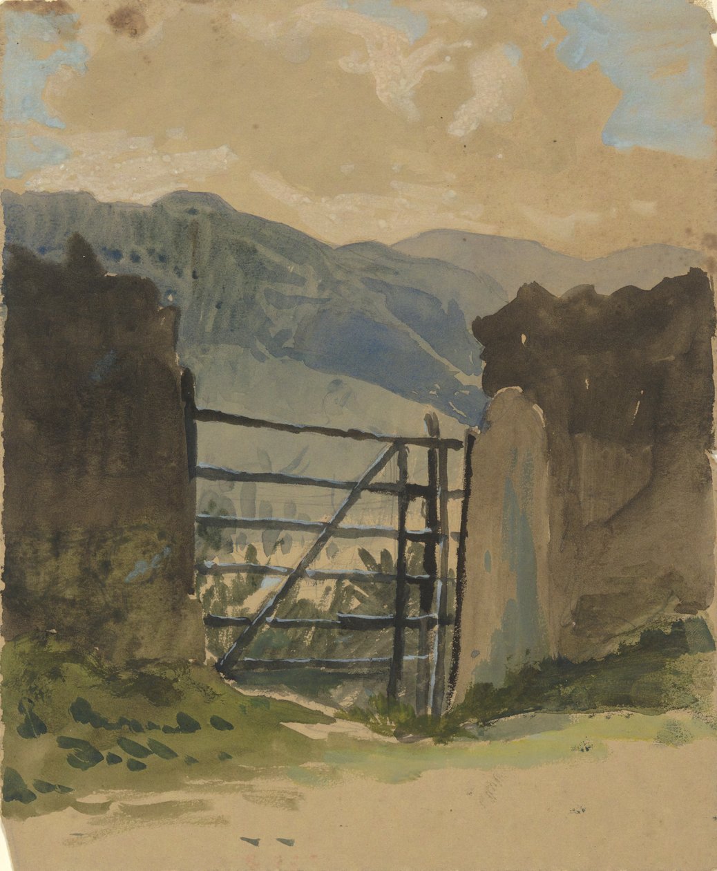 Kamenná zeď a brána, skica od Edwin Austin Abbey