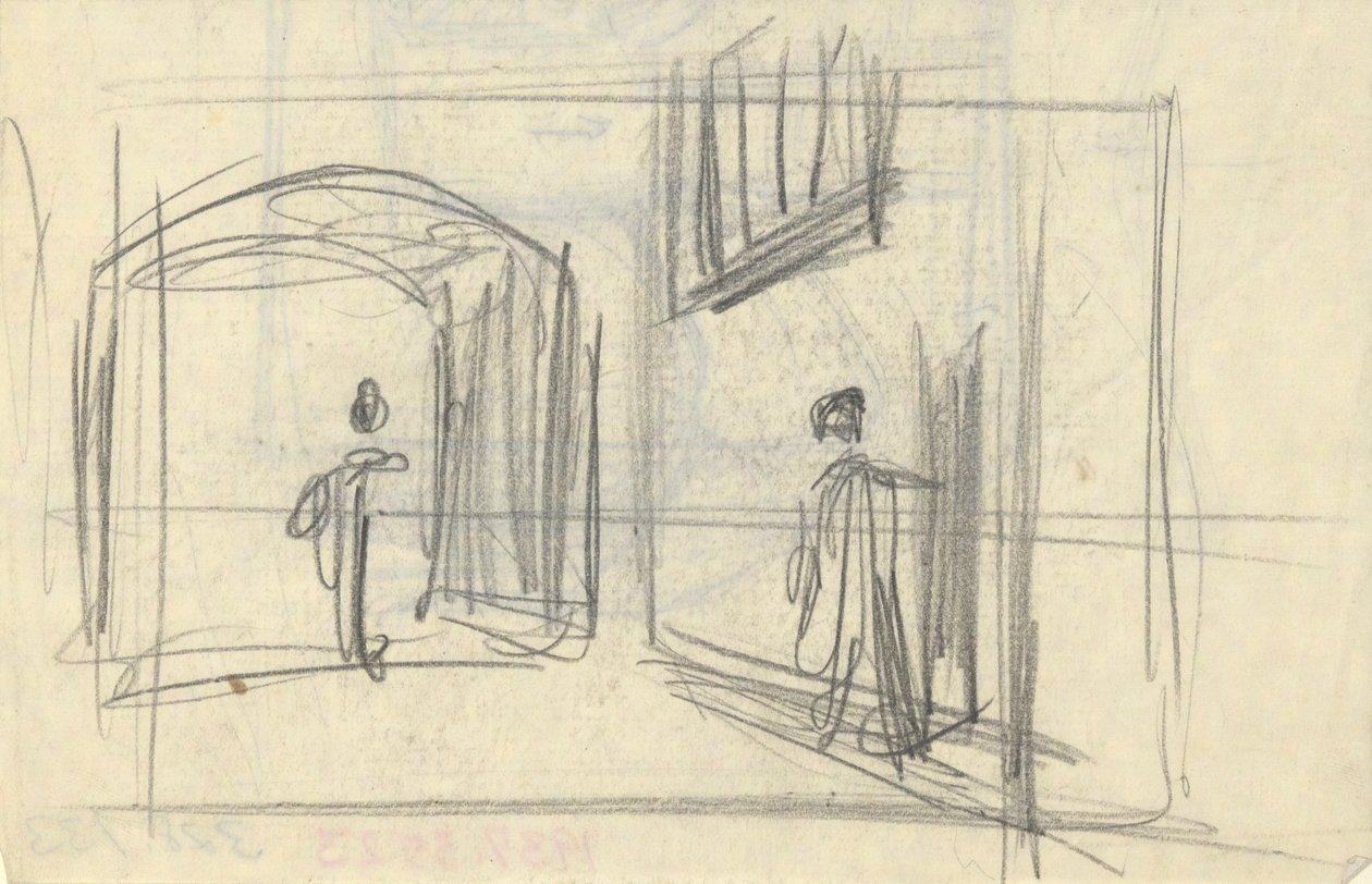 Pouliční scéna s postavami (recto); Architektonická studie (verso) od Edwin Austin Abbey