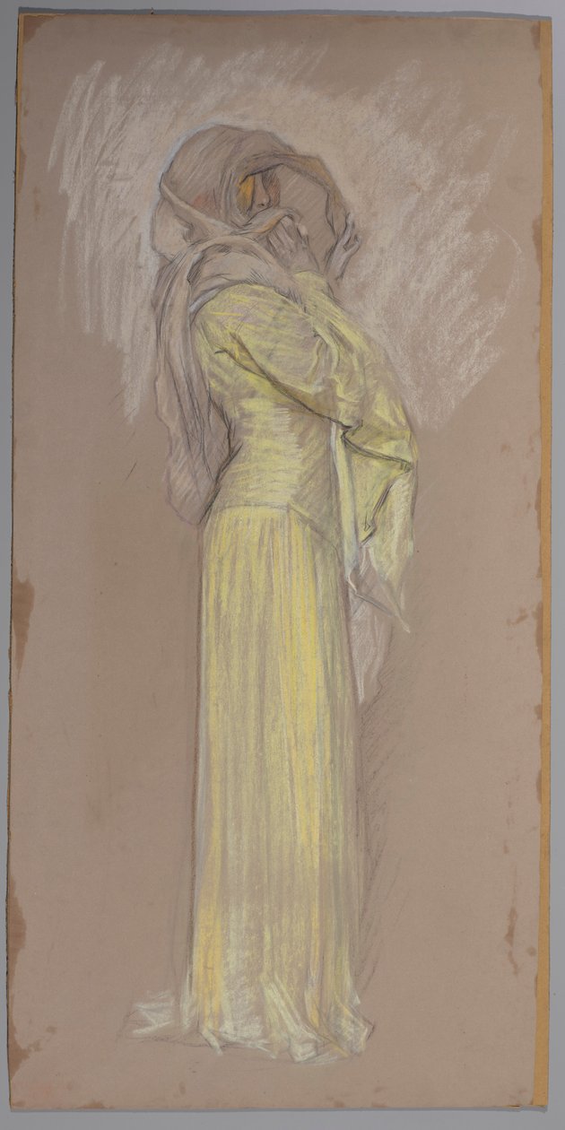 Studie, žena ve žlutých šatech s hnědým závojem přes obličej od Edwin Austin Abbey