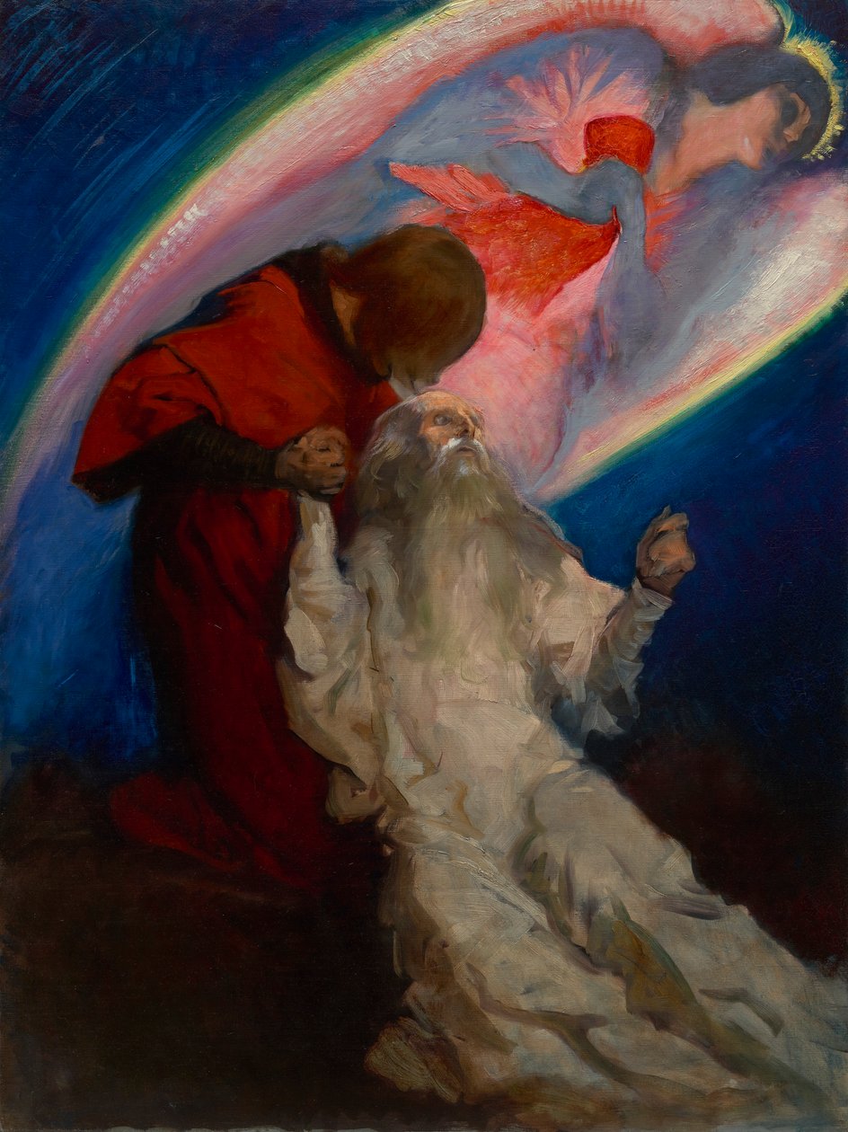Studie pro Amfortase, kterou vydal Galahad, v The Quest and Achievement of the Holy Grail, Book Delivery Room, Boston Public Library od Edwin Austin Abbey