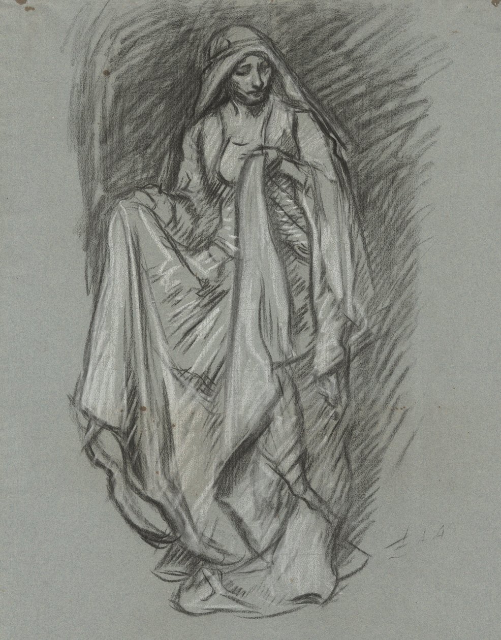 Studie pro zahalenou ženu, figurální studie pro The Quest of the Holy Grail (série 15 obrazů pro Boston Public Library, dokončena v roce 1901) od Edwin Austin Abbey