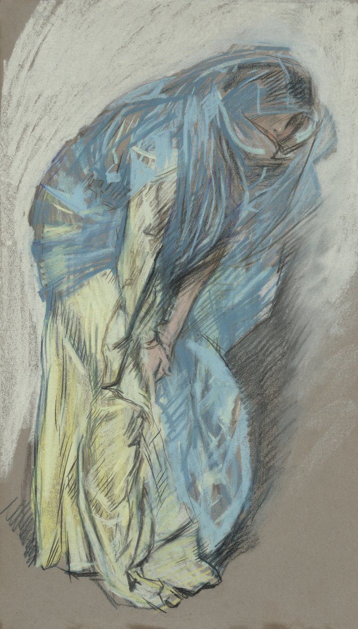 Studie pro ženu ve žlutých šatech s modrým závojem od Edwin Austin Abbey