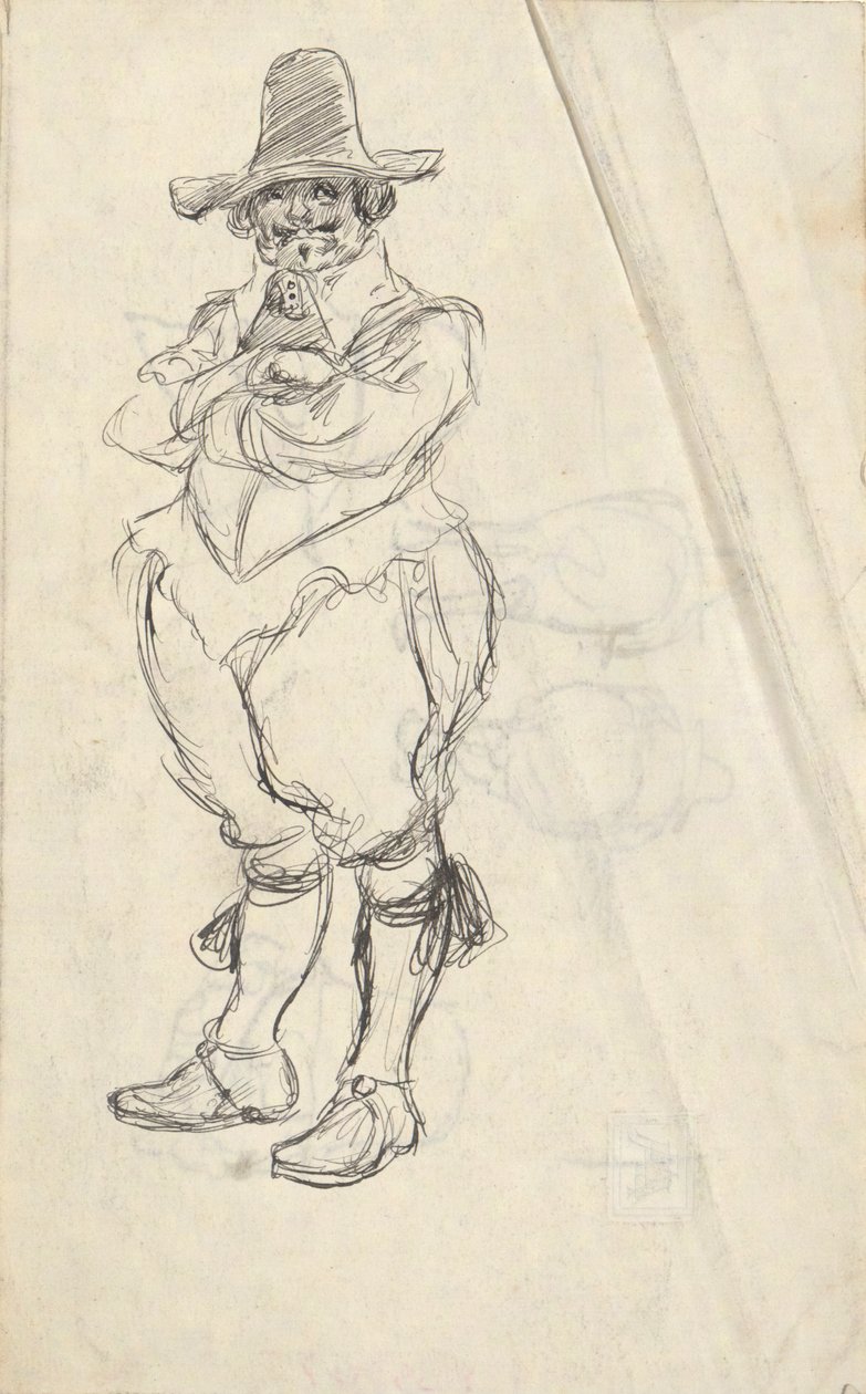 Studie muže v XVII. Holandský kroj - nezjištěno. Studie na rubu od Edwin Austin Abbey