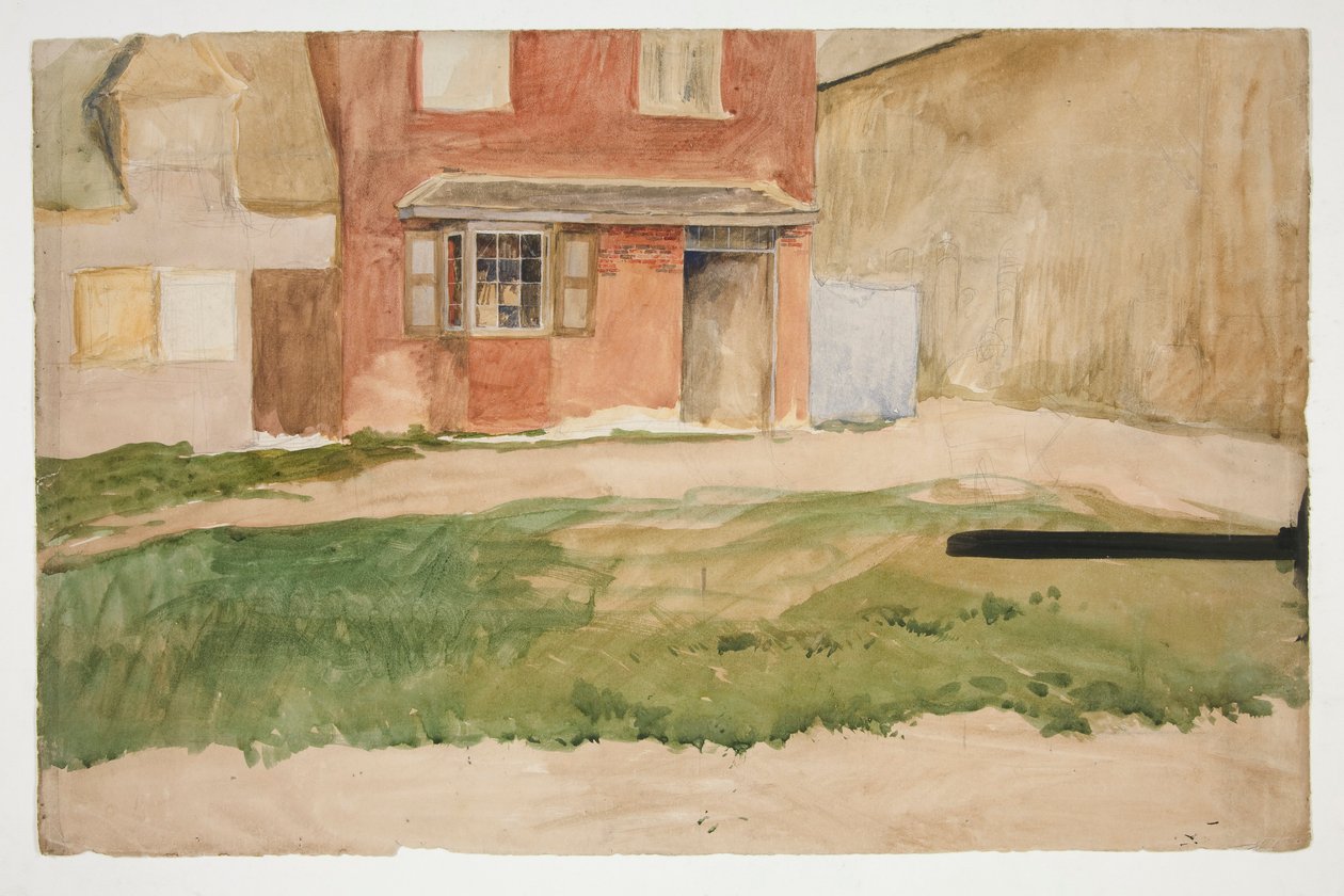 Studie exteriéru budovy z červených cihel od Edwin Austin Abbey