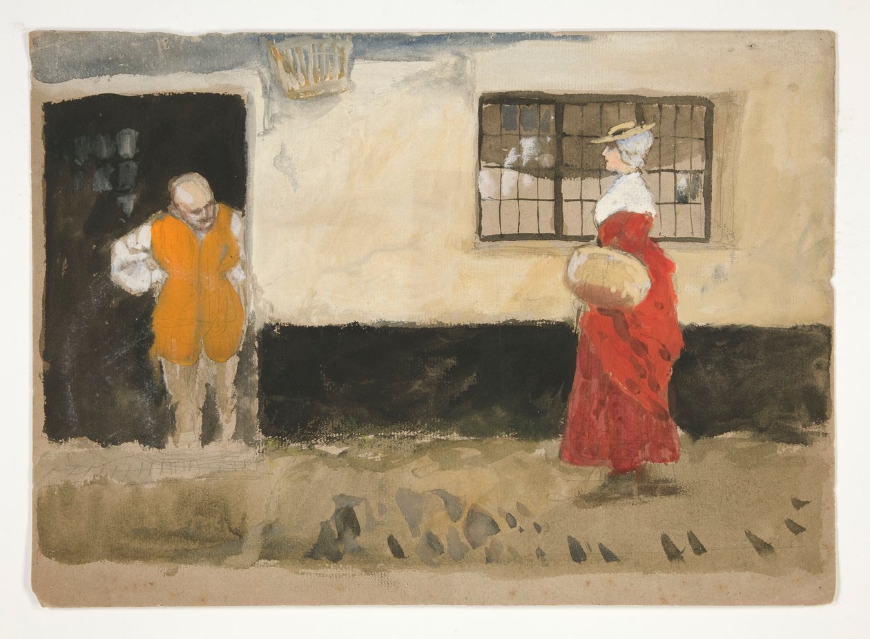 Studie pouliční scény, muž u dveří, žena v červených šatech. od Edwin Austin Abbey