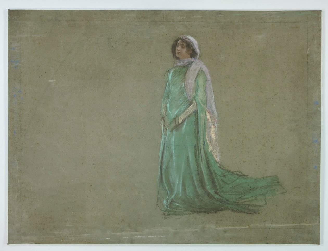 Studie, žena v dlouhých zelených šatech, růžový šátek od Edwin Austin Abbey