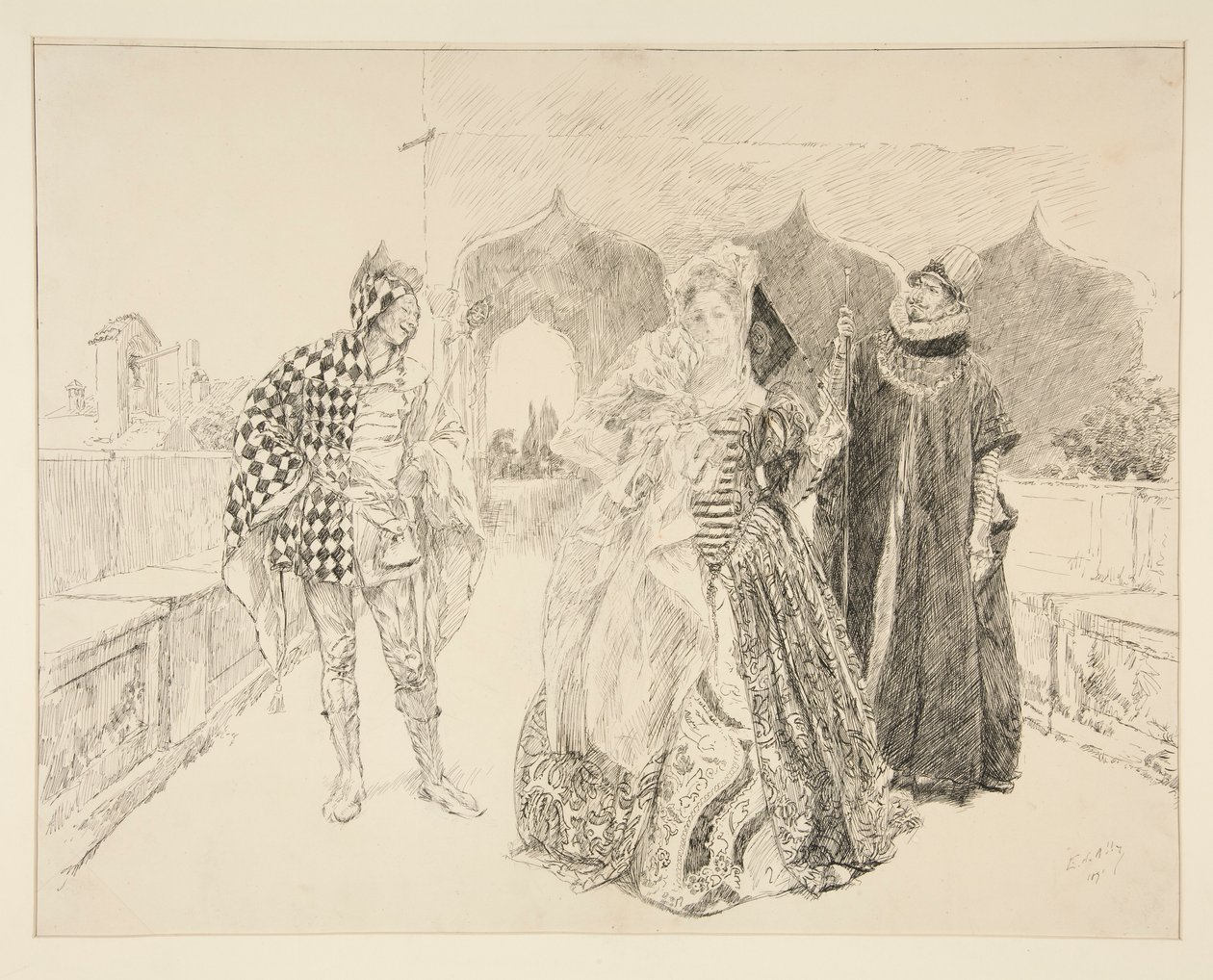 Klaun a Malvolio, ilustrace k dějství I, Scéna v, Twelfth Night od Edwin Austin Abbey