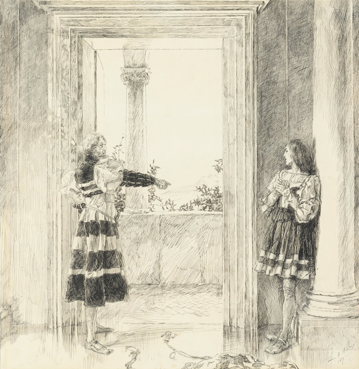 Vévoda vyhání Valentýna z dějství III, scéna i, Dva pánové z Verony od Edwin Austin Abbey
