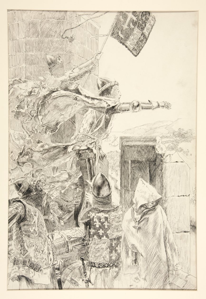 Král na zdi hradu Flint; od Edwin Austin Abbey