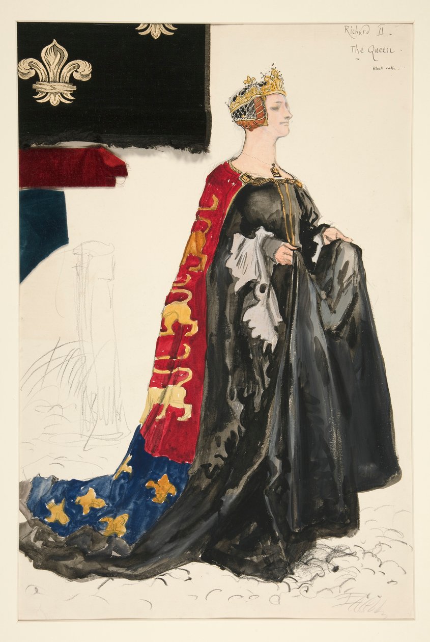 Královna (v černém), skica kostýmu pro Henryho Irvinga od Edwin Austin Abbey