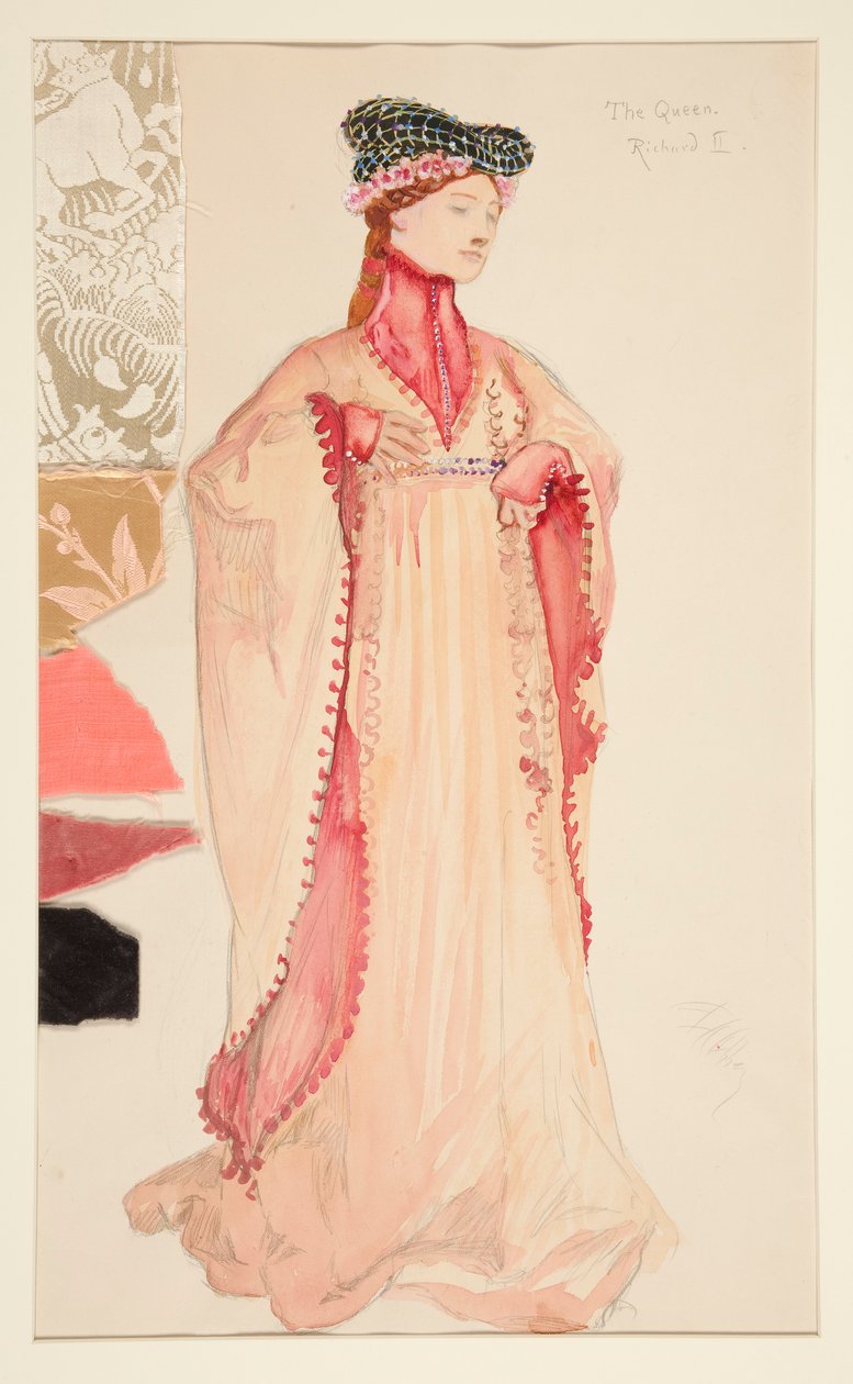 Královna (v růžové), skica kostýmu pro Henryho Irvinga od Edwin Austin Abbey