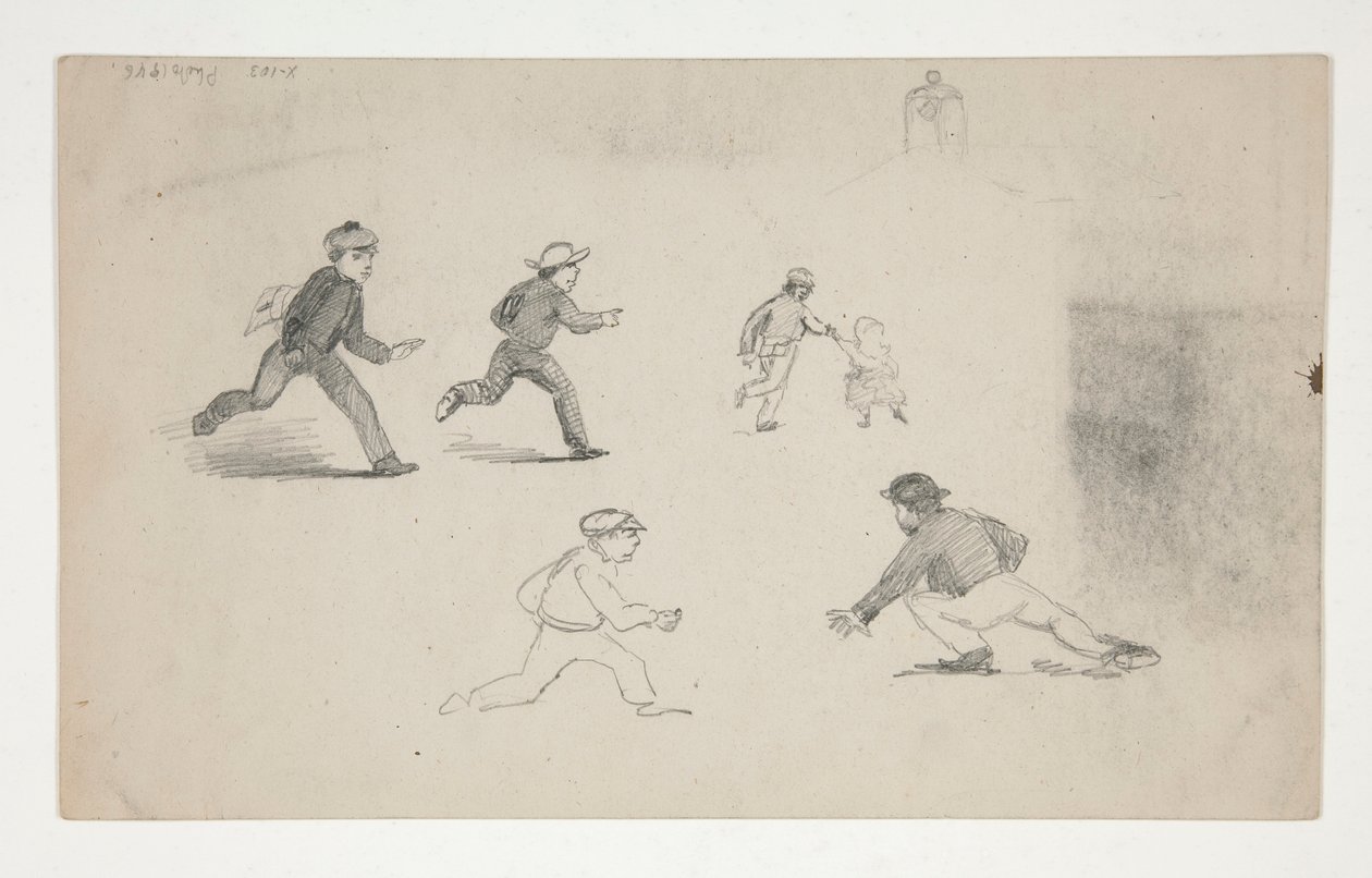 Tři studie (muži s koňmi, studie hlavy) (recto); Šest studií běžeckých figur, studie zvonice (verze) od Edwin Austin Abbey