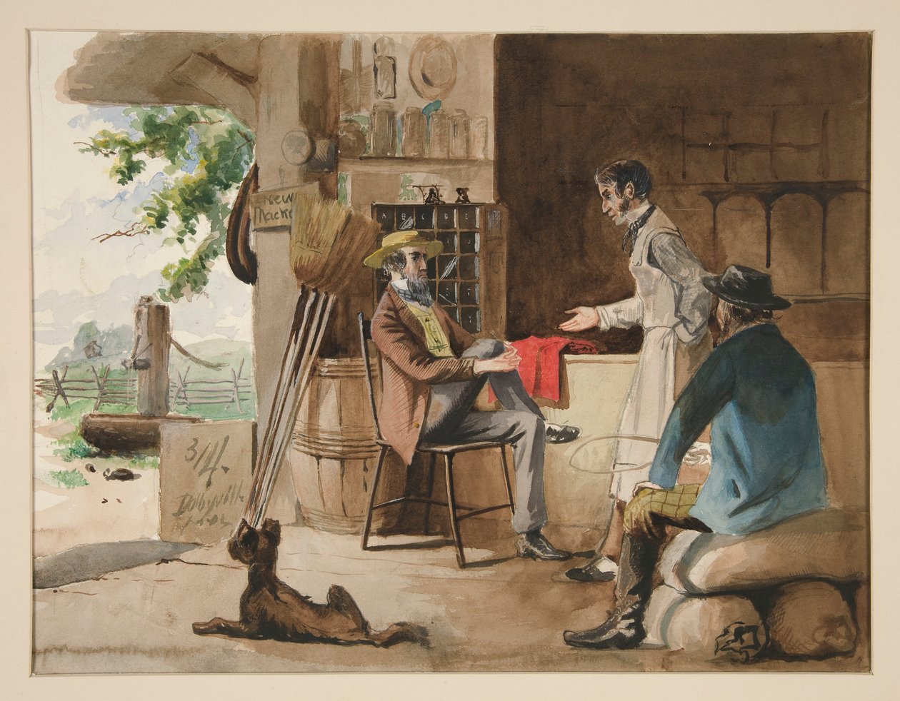 Tři muži v obchodě se suchým zbožím - venkovský obchod, Dolbyville od Edwin Austin Abbey