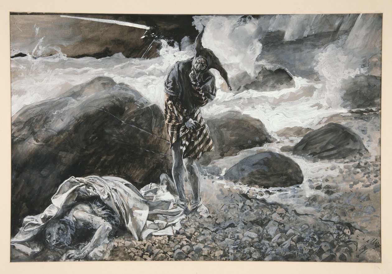 Trinculo a Caliban, ilustrace pro dějství II, scéna ii, Bouře od Edwin Austin Abbey