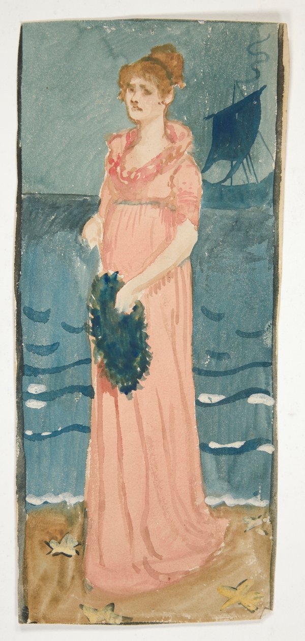Neidentifikovaný obrázek ženy na pláži, loď v dálce od Edwin Austin Abbey