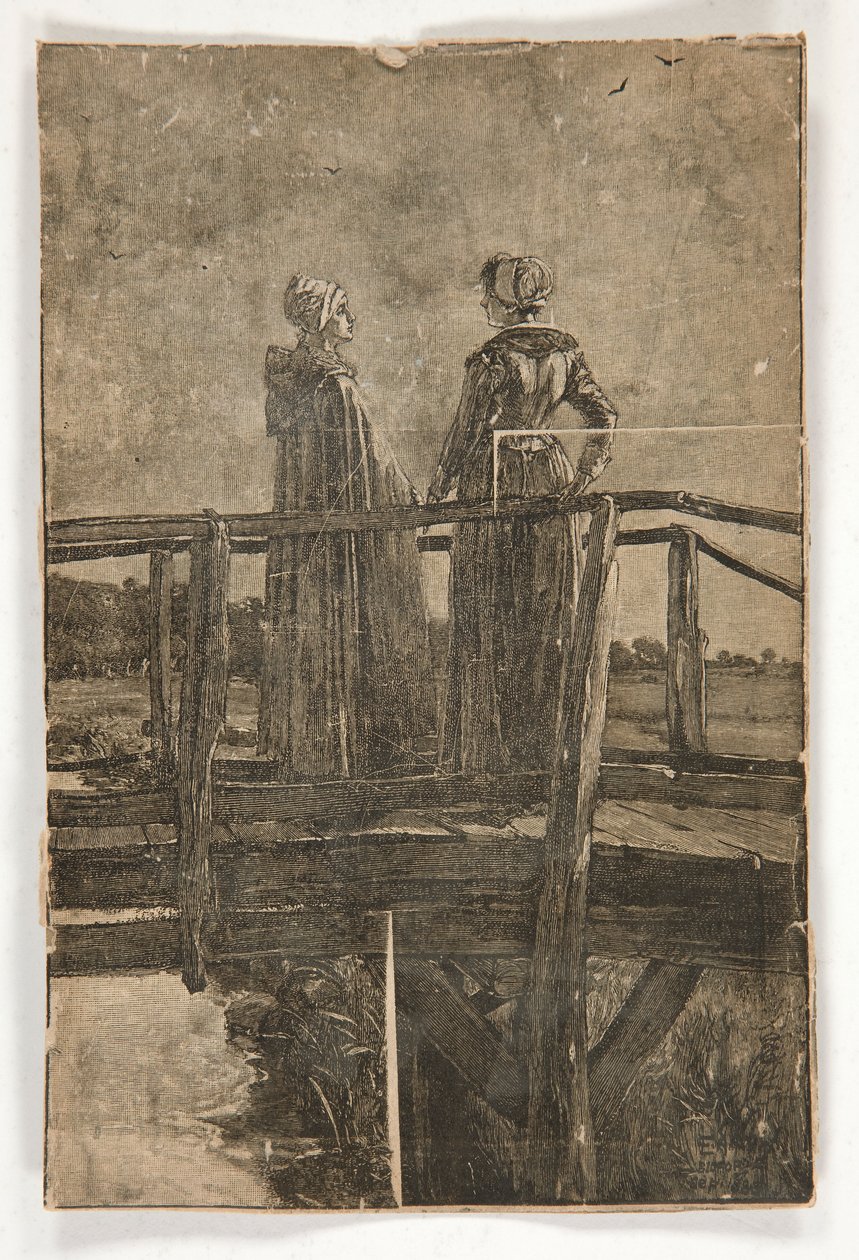 Dřevoryt bez názvu od E.A. Opatství (?) dvou dam na dřevěné lávce - ilustrace pro Williama Blacka od Edwin Austin Abbey