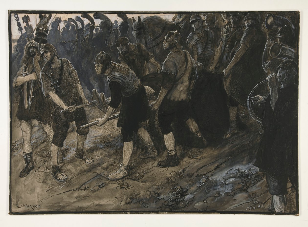 Ventidius vstupuje triumfálně, před ním nese mrtvé tělo Pacora, dějství III, scéna I, Antonius a Kleopatra od Edwin Austin Abbey