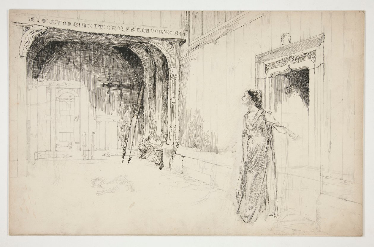Žena a pes v interiéru - (neidentifikovaná ilustrace pro hru?) od Edwin Austin Abbey