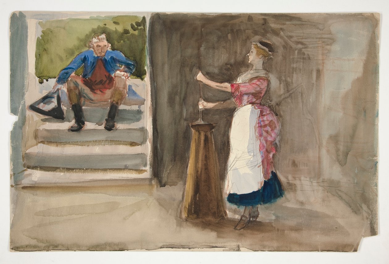 Žena stlouká máslo, muž v revolučních šatech sleduje - (neidentifikovaný obrázek) od Edwin Austin Abbey