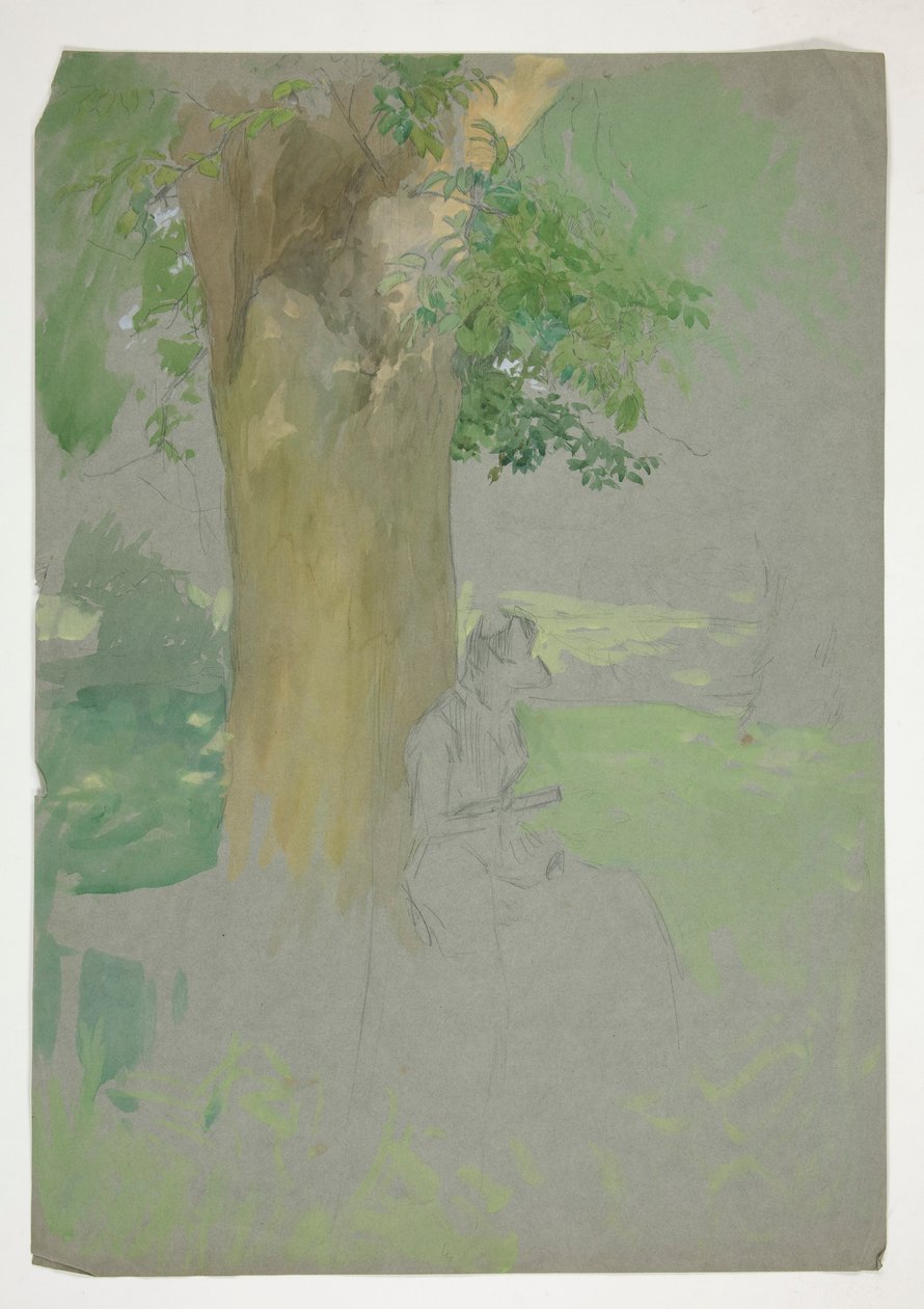 Žena sedí pod stromem a čte od Edwin Austin Abbey