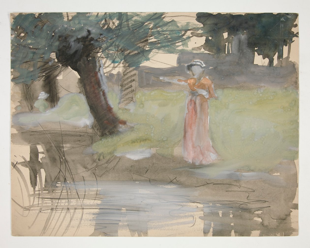 Žena stojící u břehu řeky - neidentifikovaný obrázek od Edwin Austin Abbey