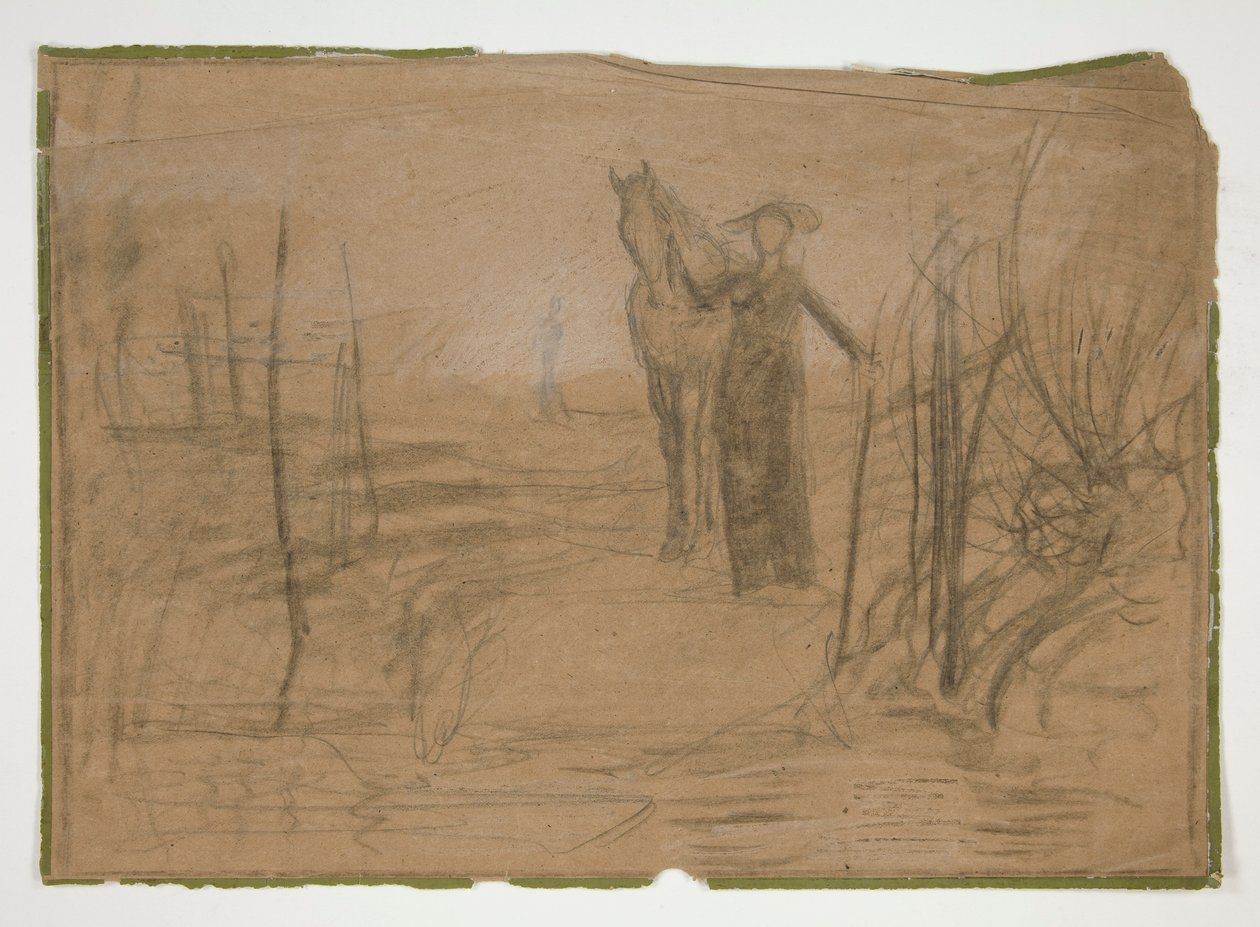 Žena s koněm v krajině - neidentifikovaný obrázek od Edwin Austin Abbey