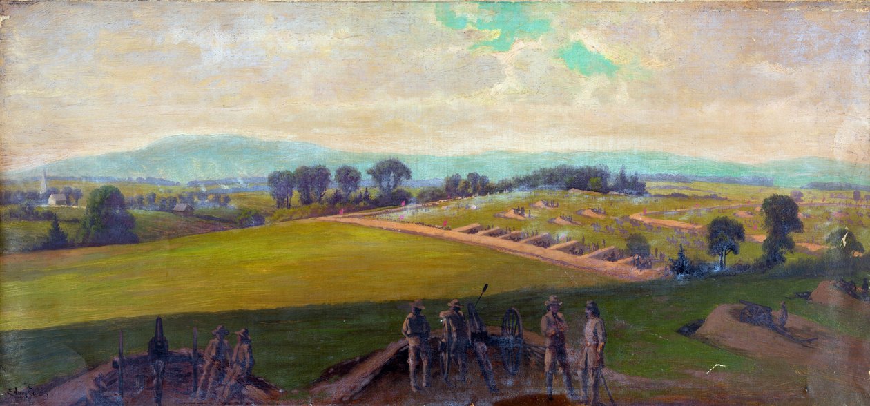 Amerikan sisällissota 1861-1865: Gettysburgin taistelu 1.-3. heinäkuuta 1863. Yhdysvaltain raskaimmat uhrit missään muussa sodassa. "Kenraali Leen komentaman Virginian armeijan viimeinen asema". Öljy. Edwin Forbes (1839-1895) yhdysvaltalainen taiteilija. S od Edwin Austin Forbes