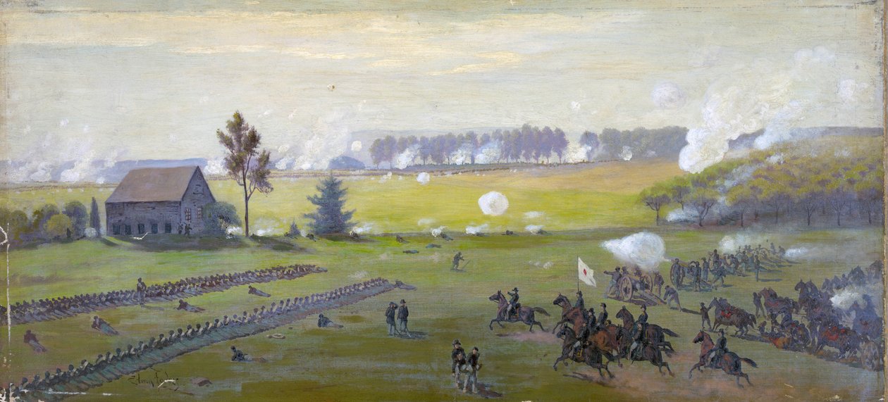 Americká občanská válka 1861-1865: Bitva u Gettysburgu 1.-3. července 1863, která ukončila Leeovu invazi na sever. Největší americké ztráty než v kterékoli jiné válce. Olej od Edwin Austin Forbes
