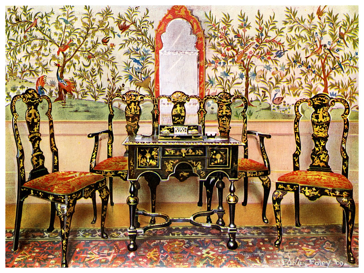 Černě lakovaná pohovka, židle a stůl a červené lakované zrcadlo, 1910. od Edwin Foley
