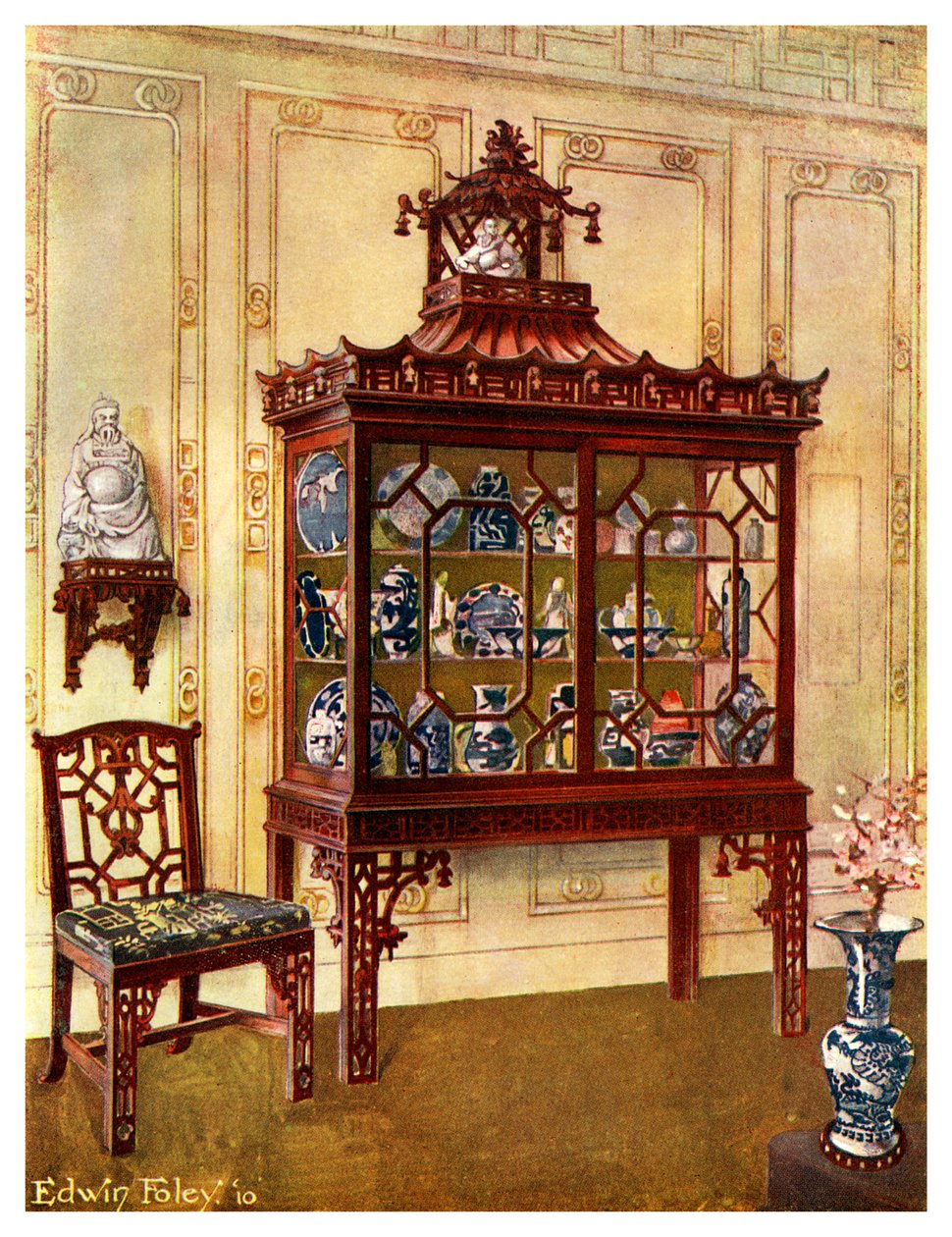 Vyřezávané porcelánové pouzdro čínským způsobem Chippendales, 1911-1912. od Edwin Foley
