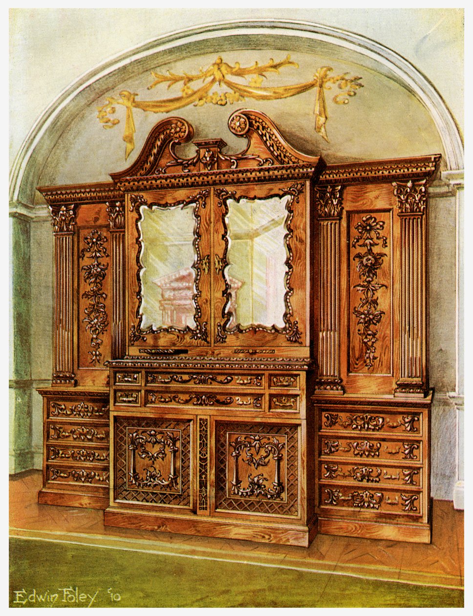 Vyřezávaná uzavřená mahagonová knihovna, styl Chippendale, francouzský vliv, 1911-1912. od Edwin Foley