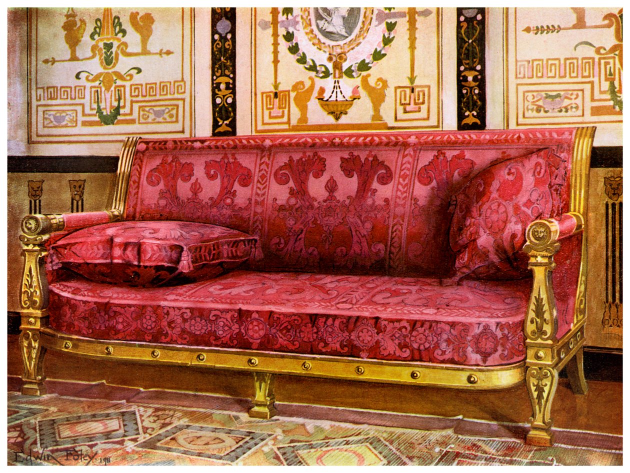 Vyřezávaná zlacená pohovka potažená růžovým Brocade de Lyon, 1911-1912. od Edwin Foley