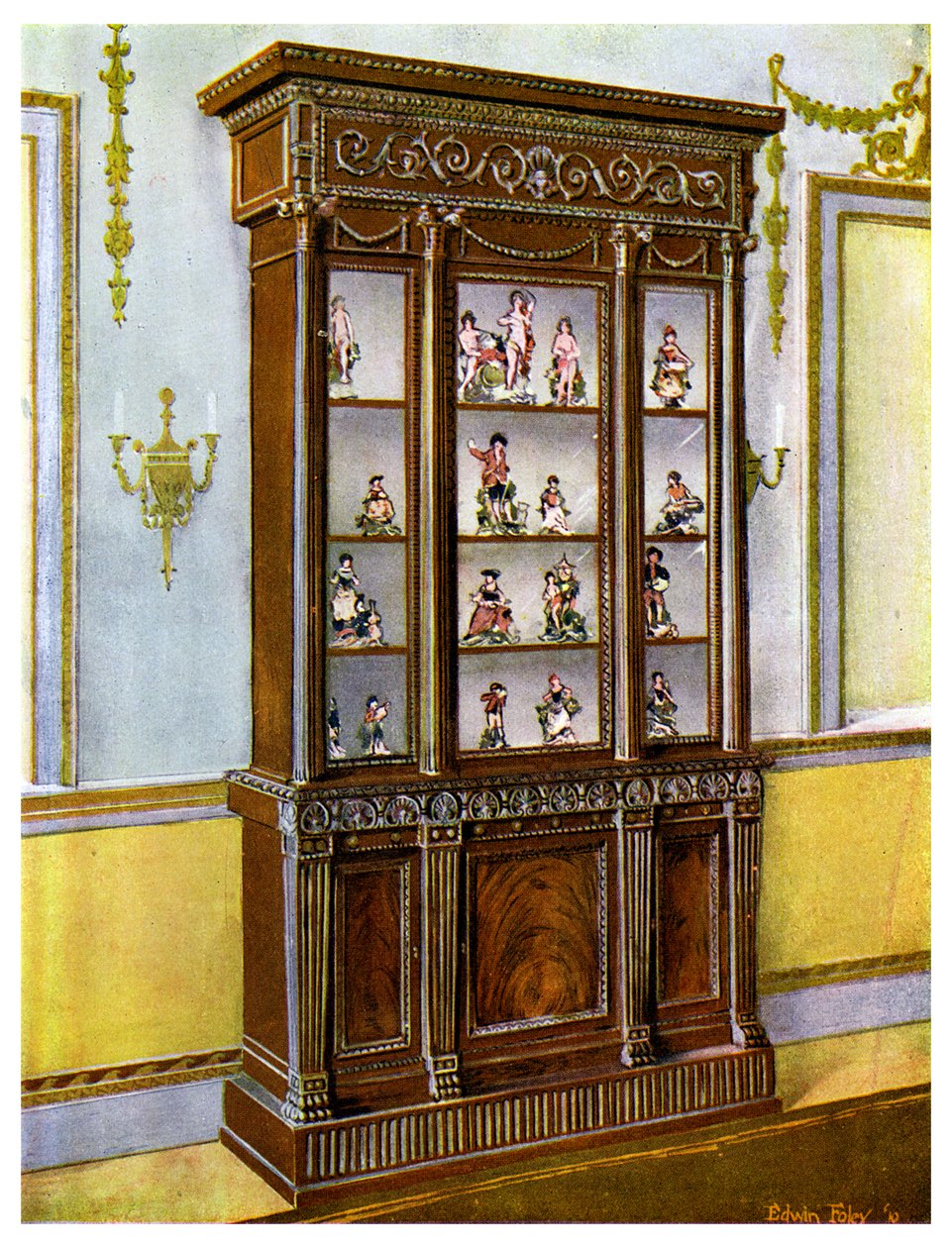 Vyřezávané pouzdro z mahagonového porcelánu ovlivněné Adam Brothers, 1911-1912. od Edwin Foley