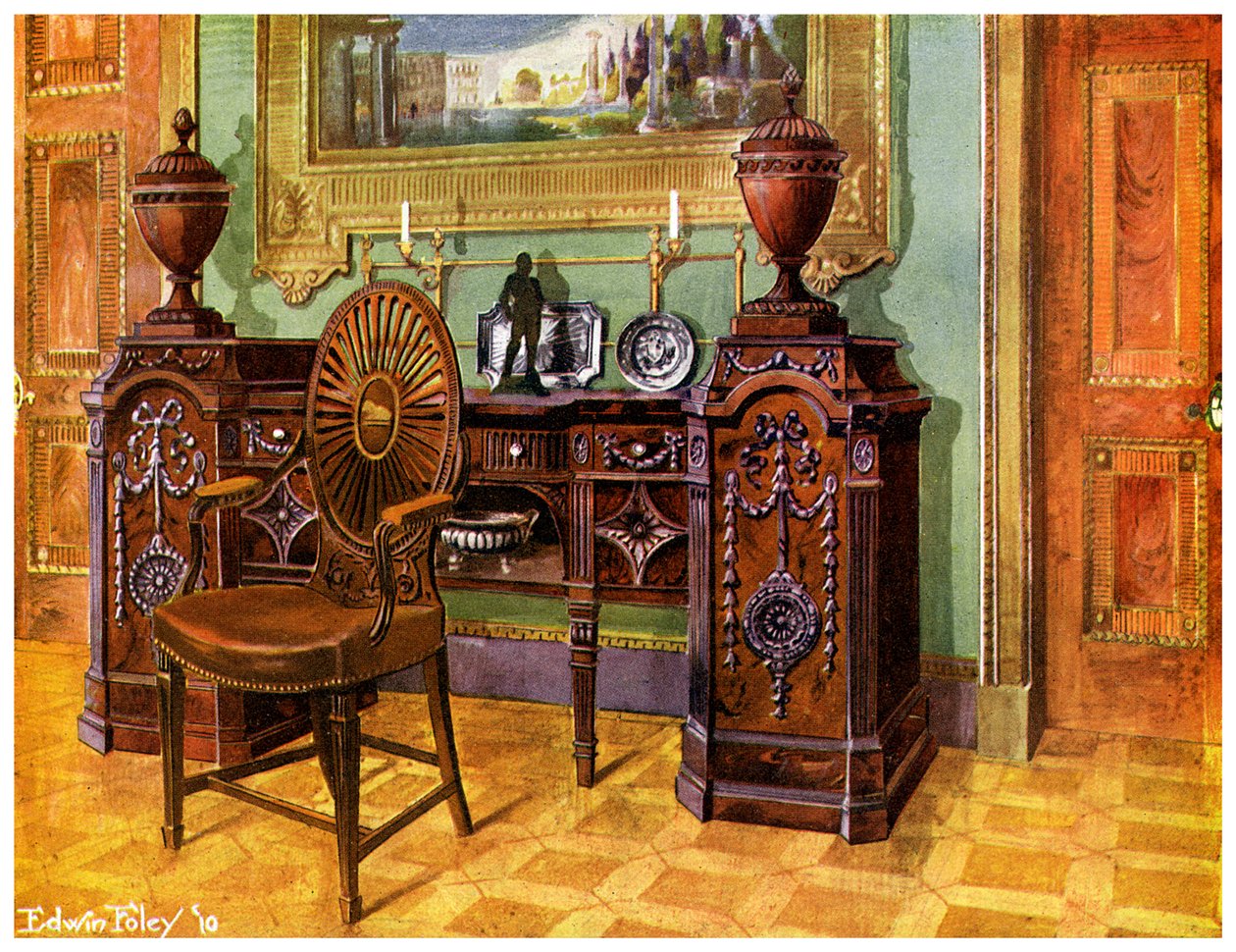 Vyřezávaný mahagonový podstavec s příborníkem a oválná pánská židle s opěradlem, 1911-1912. od Edwin Foley