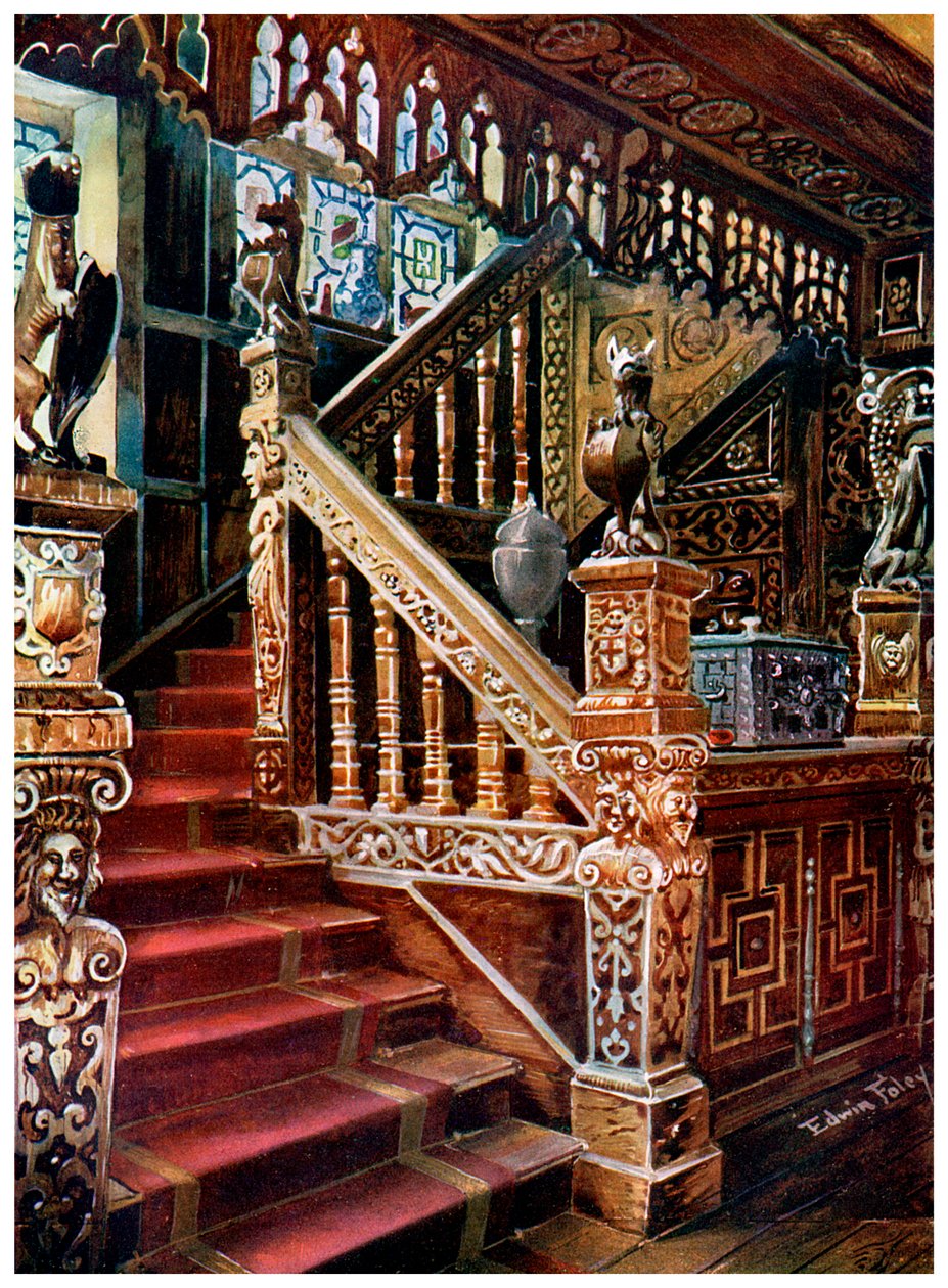 Vyřezávané dubové schodiště, Godinton, 1910. od Edwin Foley