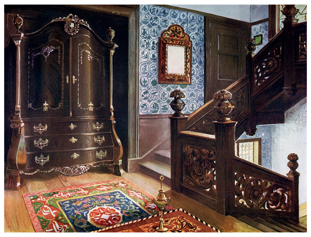 Vyřezávaná skříň na bomby z ořechového dřeva s pronásledovanými držáky, 1910. od Edwin Foley
