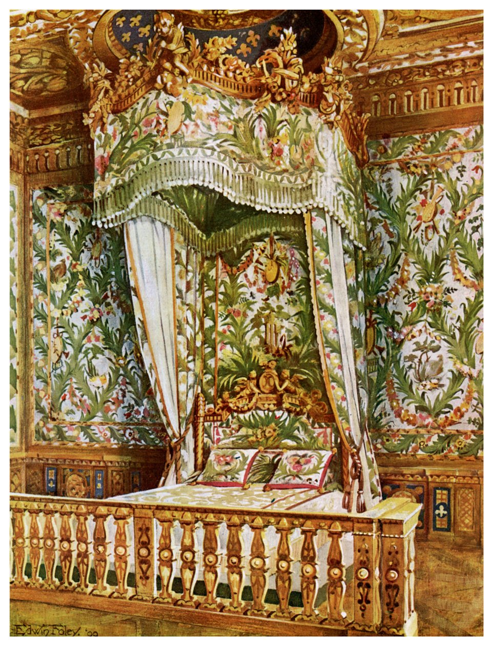Pozlacená státní postel Marie Antoinetty, Queens Bedroom, Palace of Fontainebleau, Francie, 1911-1912. od Edwin Foley