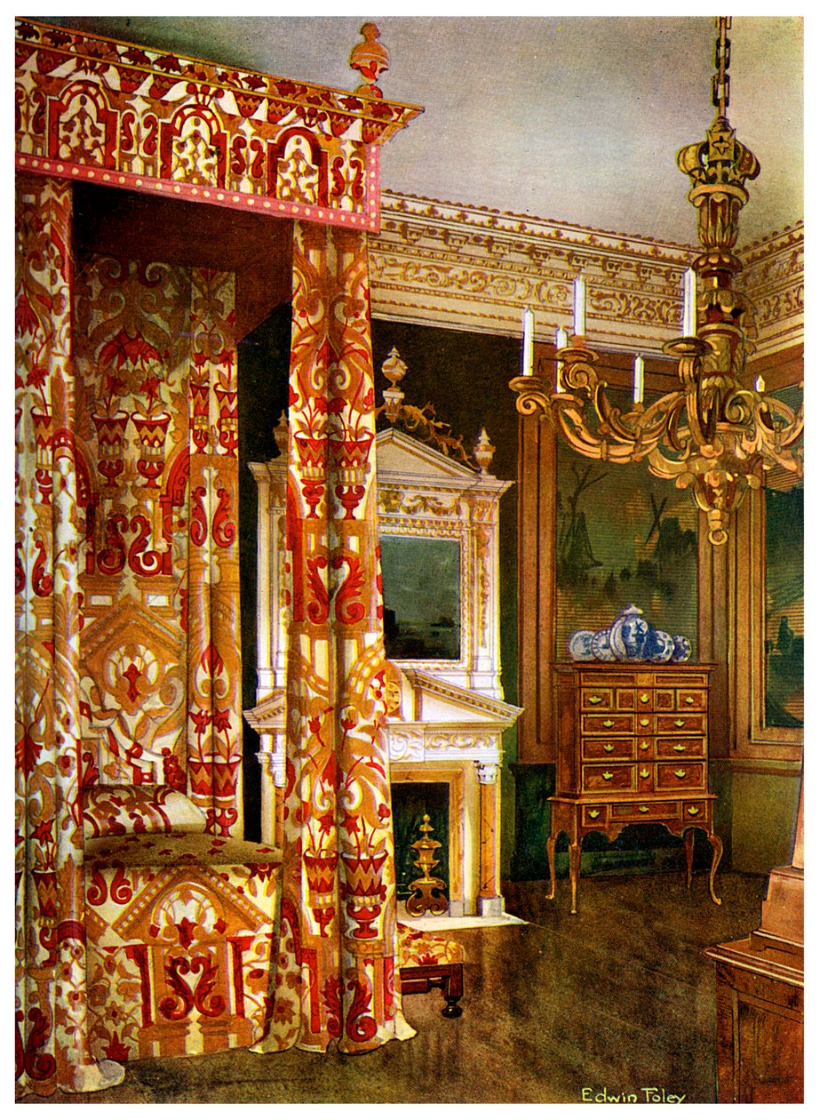 Postel Queen Annes, komoda na stojanu a dřevěný svícen, 1910. od Edwin Foley