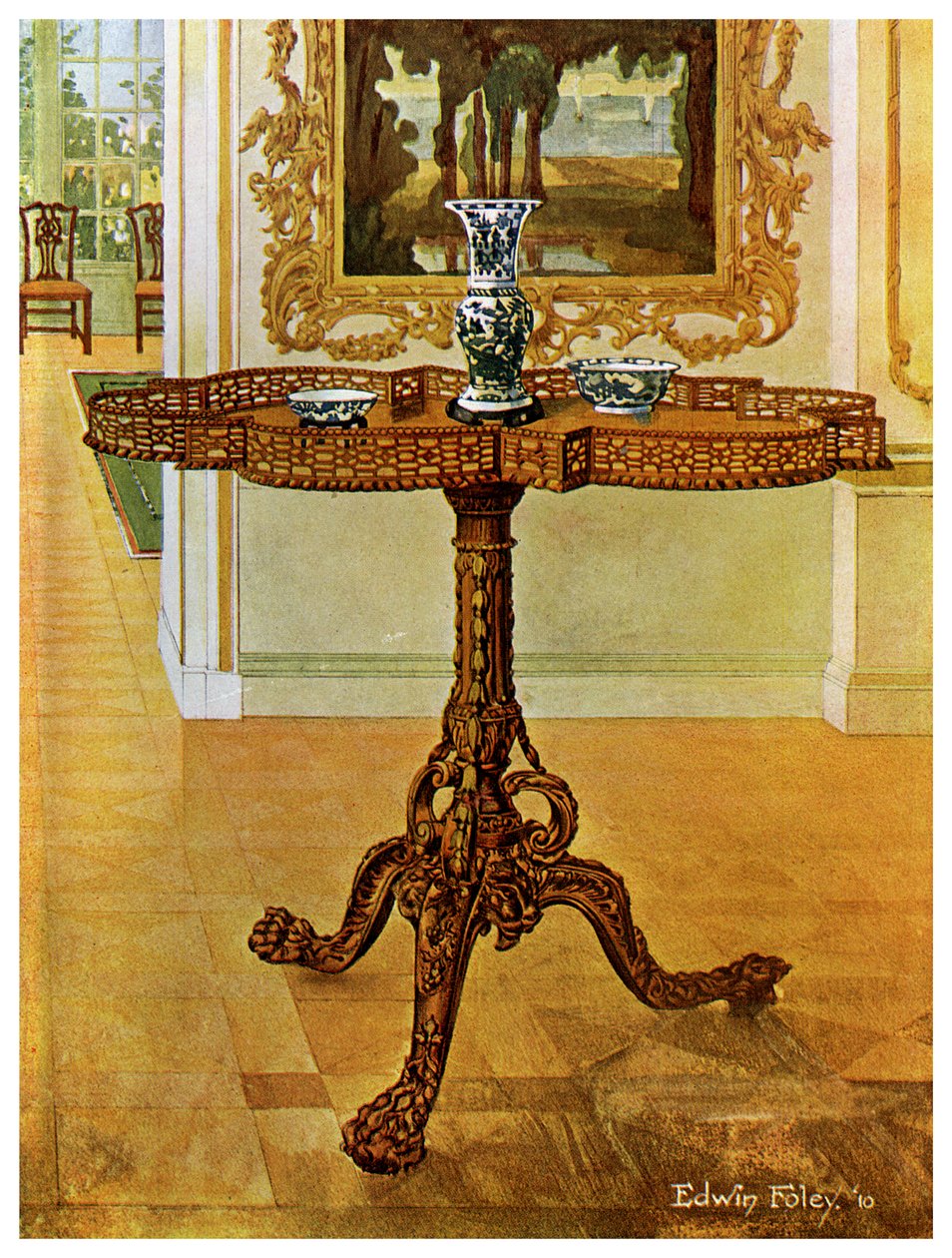 Galerijní stůl ve tvaru pražce, škola Chippendale, 1911-1912. od Edwin Foley