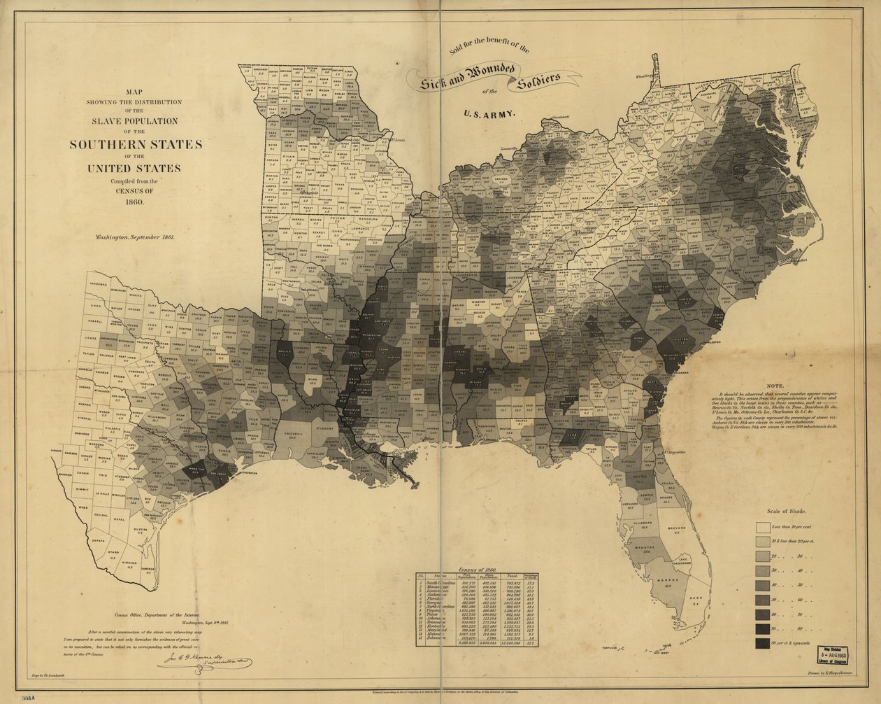 Mapa znázorňující rozložení populace otroků v jižních státech Spojených států, sestavená ze sčítání lidu z roku 1860 od Edwin Hergesheimer