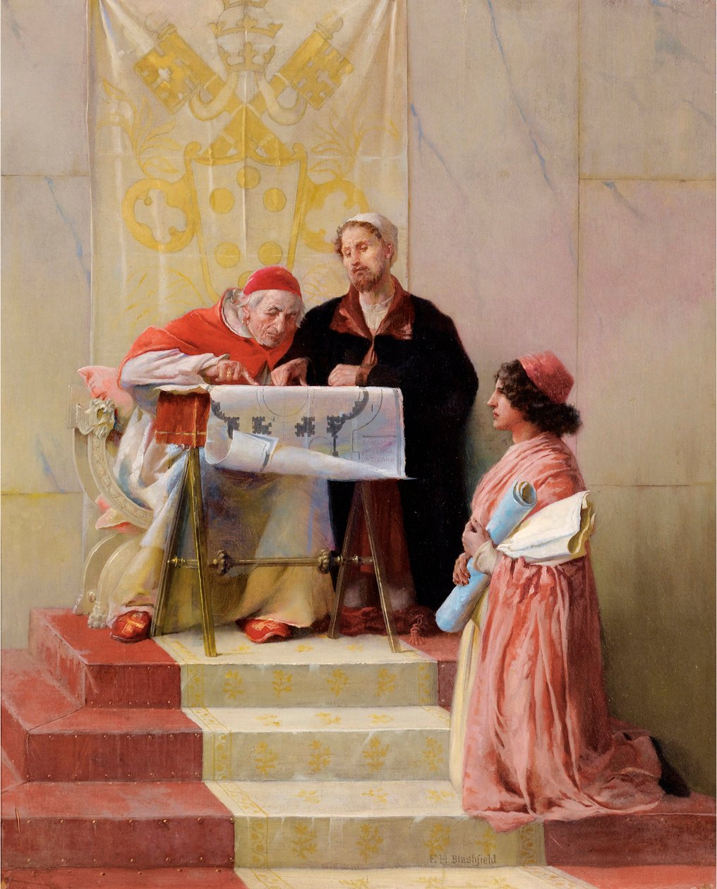 ""Papež Julius II při pohledu na architektonické plány Bramante (1444-1514) pro baziliku sv. Petra od Edwin Howland Blashfield