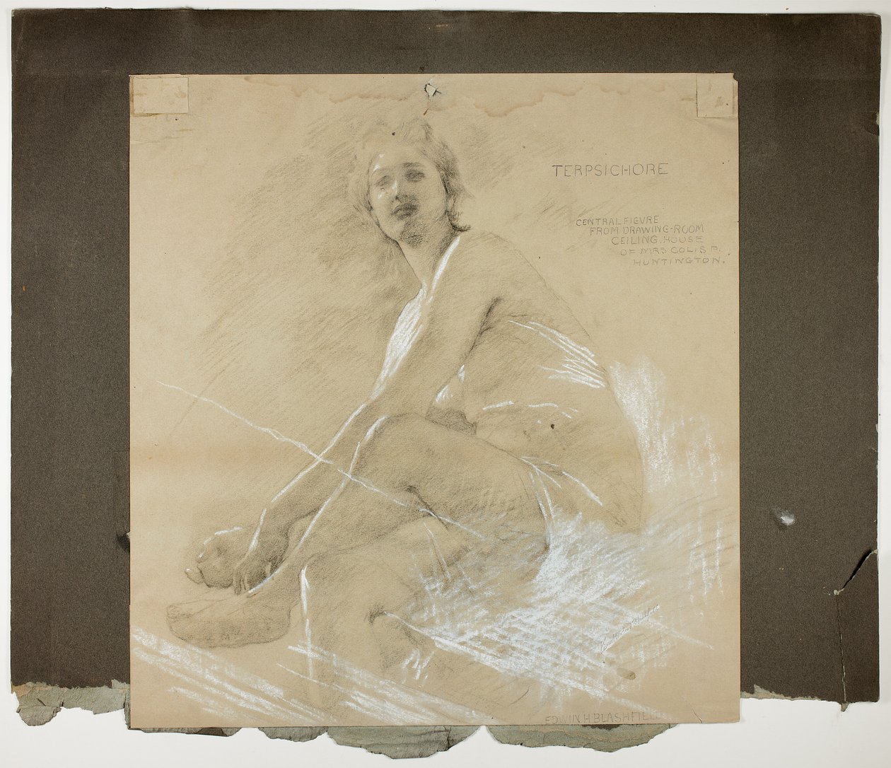 Terpsichore (recto) a Tančící ženská postava (verso), Studie nástěnných maleb pro strop přijímacího pokoje, Rezidence Collise P. Huntingtona, nyní galerie umění Yale University od Edwin Howland Blashfield