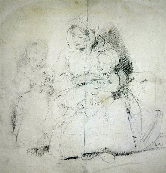 Matka se dvěma dětmi (tužka na papíře) od Edwin Landseer