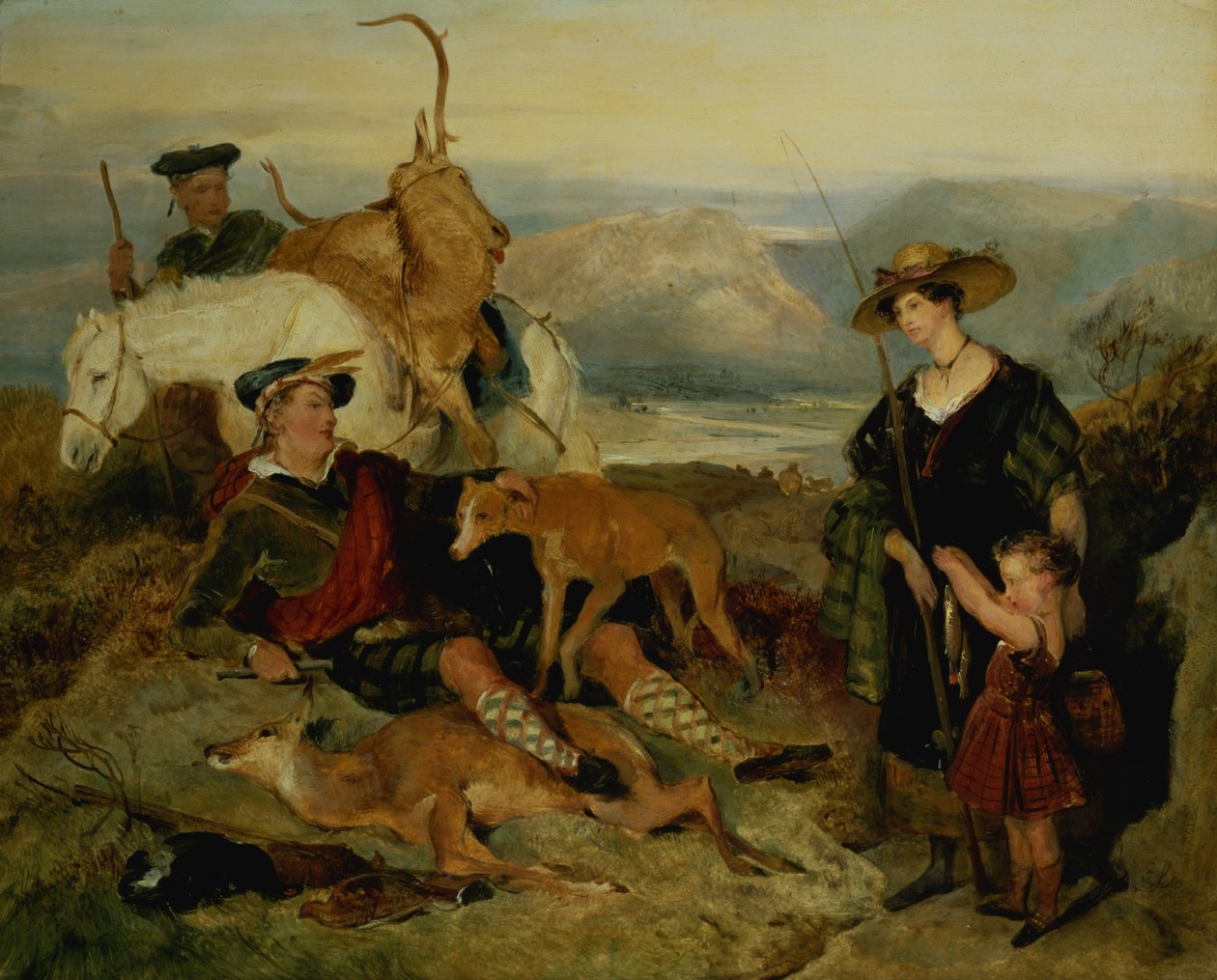 Sledování jelenů na Vysočině, zobrazující vévodkyni z Bedfordu, vévodu z Gordonu a lorda Alexandra Russella (panel) od Edwin Landseer