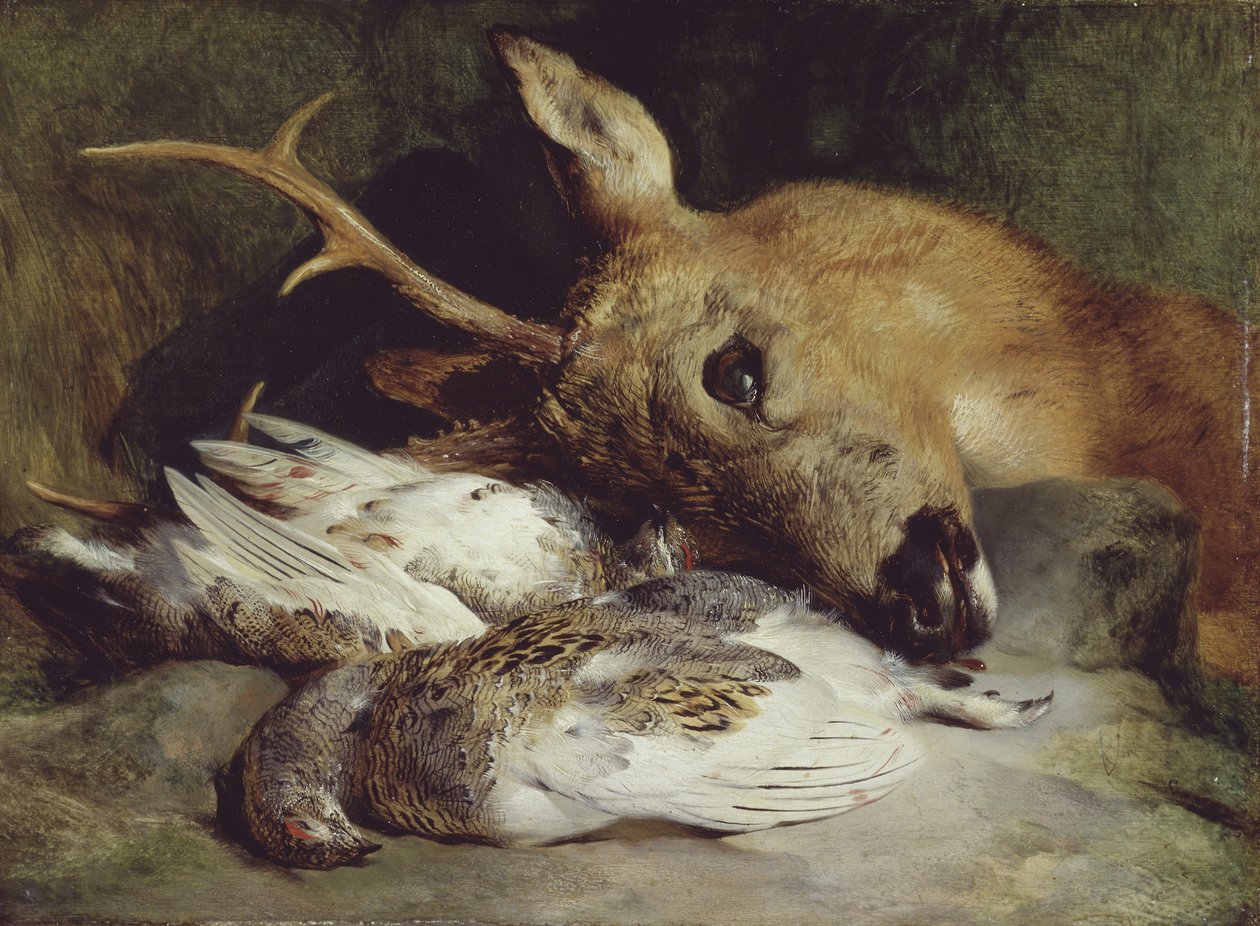 Hlava srnce a dva ptačí zoby, asi 1830 (olej na desce) od Edwin Landseer