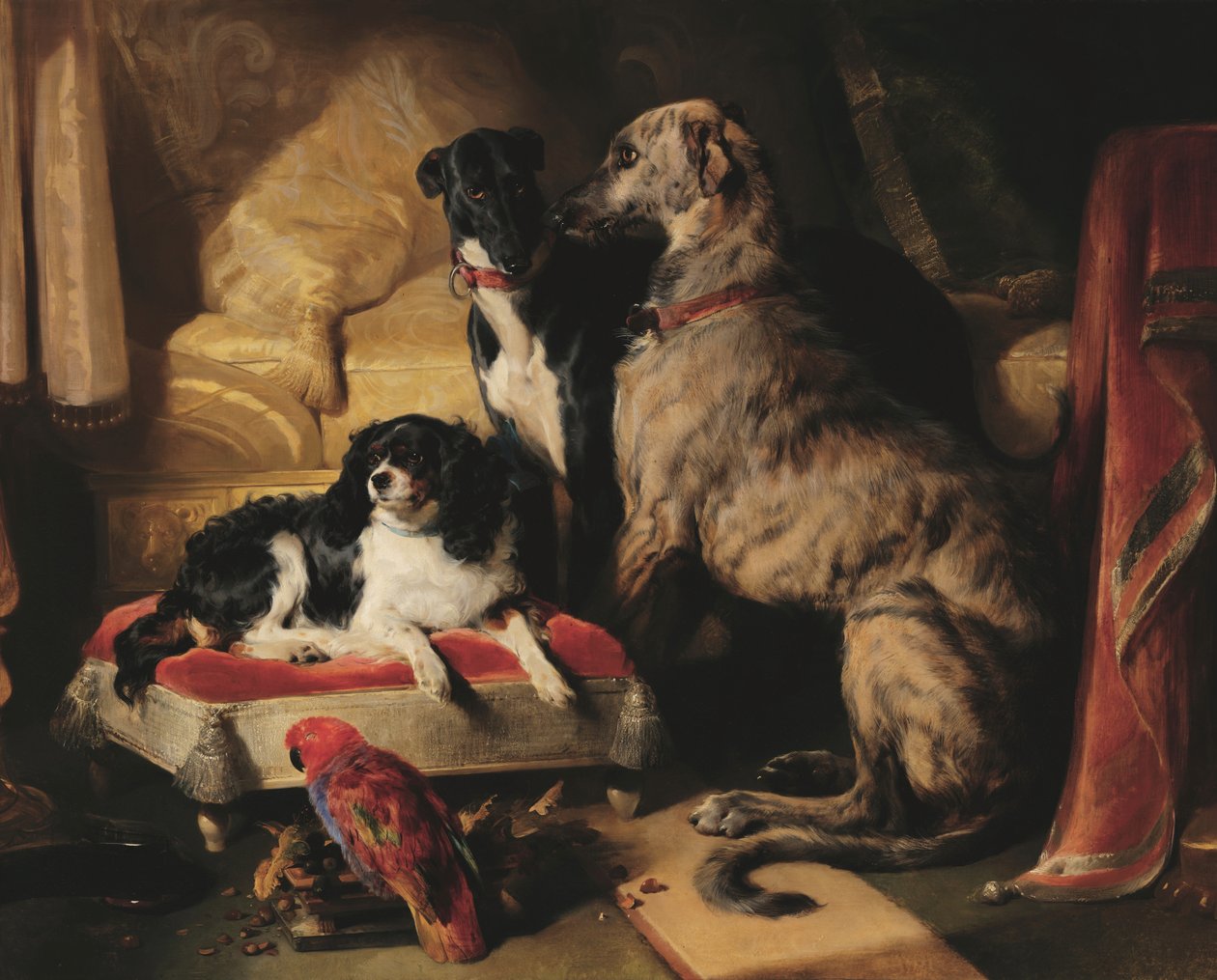 Hector, Nero a Dash s papouškem Lorym od Edwin Landseer