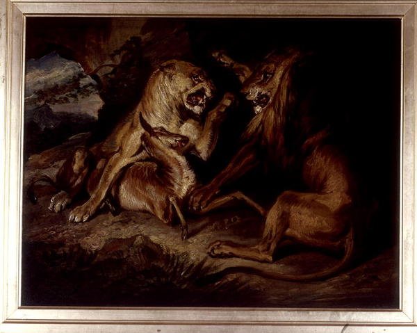 Lions at a Kill (olej na plátně) od Edwin Landseer