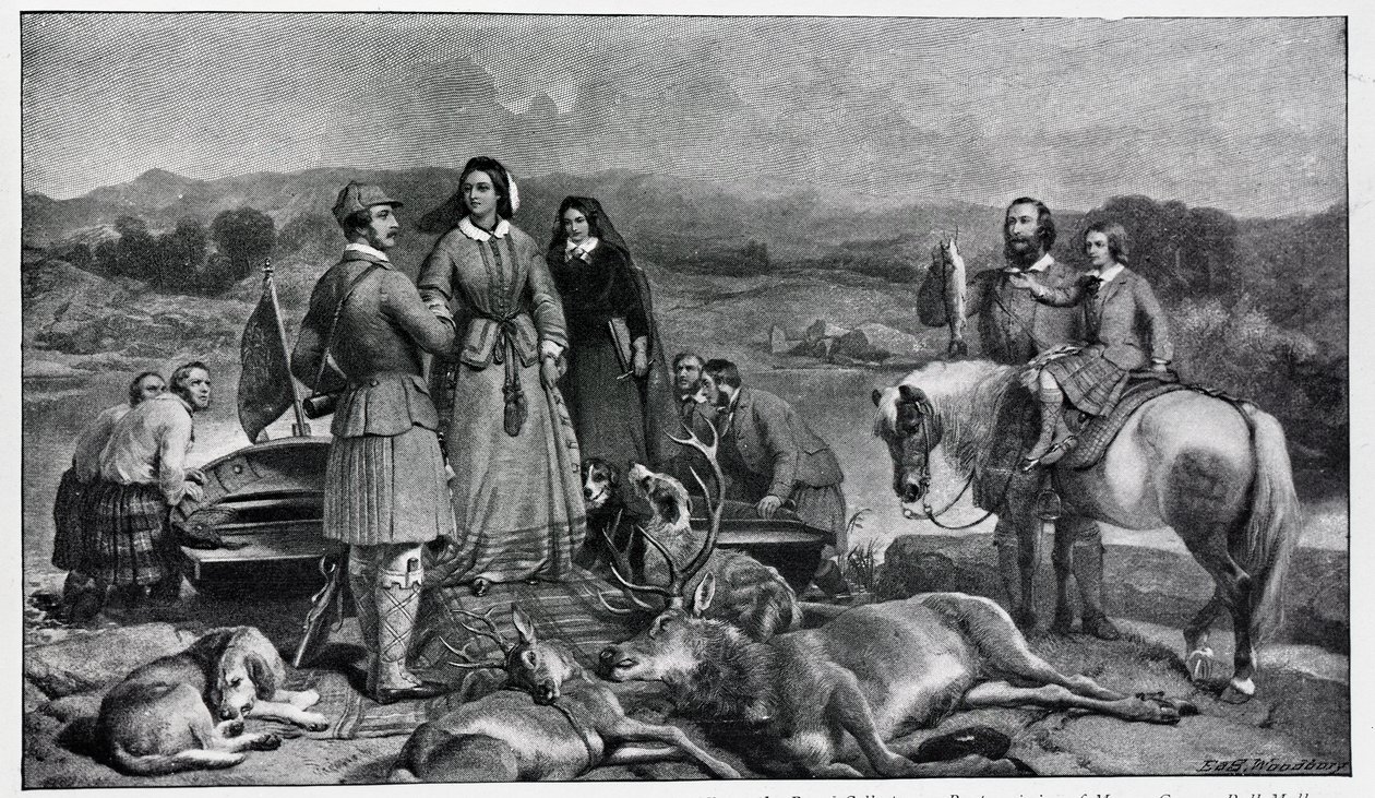 Královna Viktorie přistává u jezera Loch Muick, po obraze z roku 1850 od Edwin Landseer