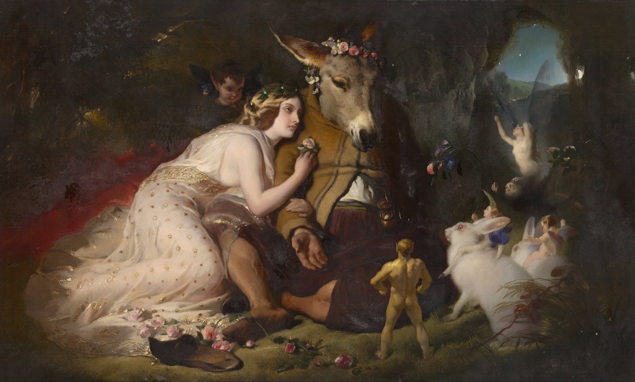 Scéna ze Sen noci svatojánské. Titania a dno od Edwin Landseer